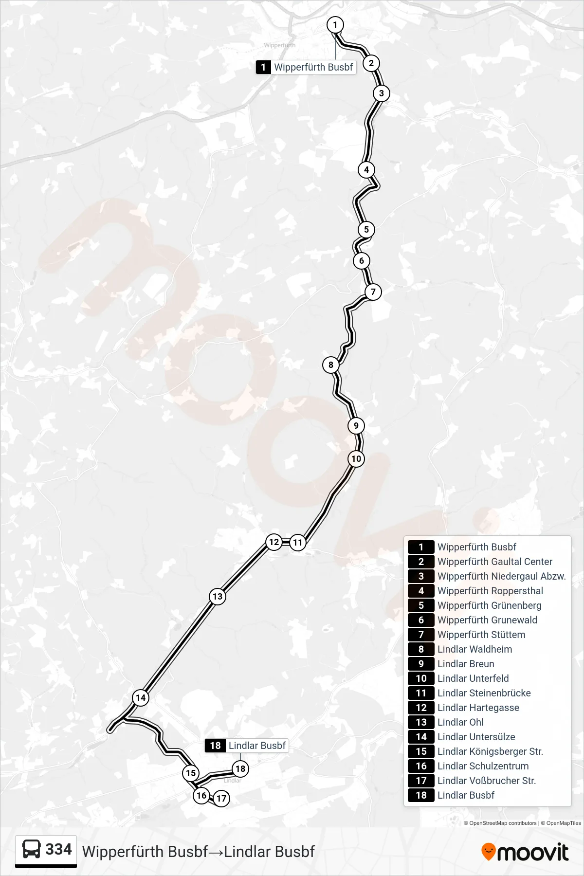 Linie 334 (Bus) Richtung Wipperfürth Busbf‎→Lindlar Busbf: Route und Haltestellen auf der Karte
