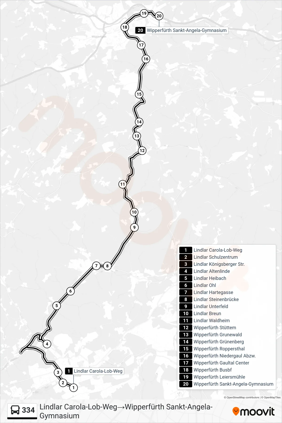Linie 334 (Bus) Richtung Lindlar Carola-Lob-Weg→Wipperfürth Sankt-Angela-Gymnasium: Route und Haltestellen auf der Karte