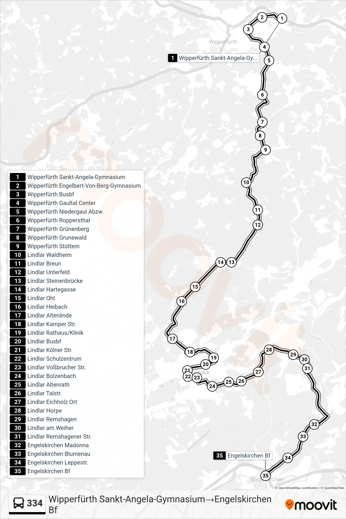 334 bus Line (Wipperfürth Sankt-Angela-Gymnasium→Engelskirchen Bf) route and stops on a map