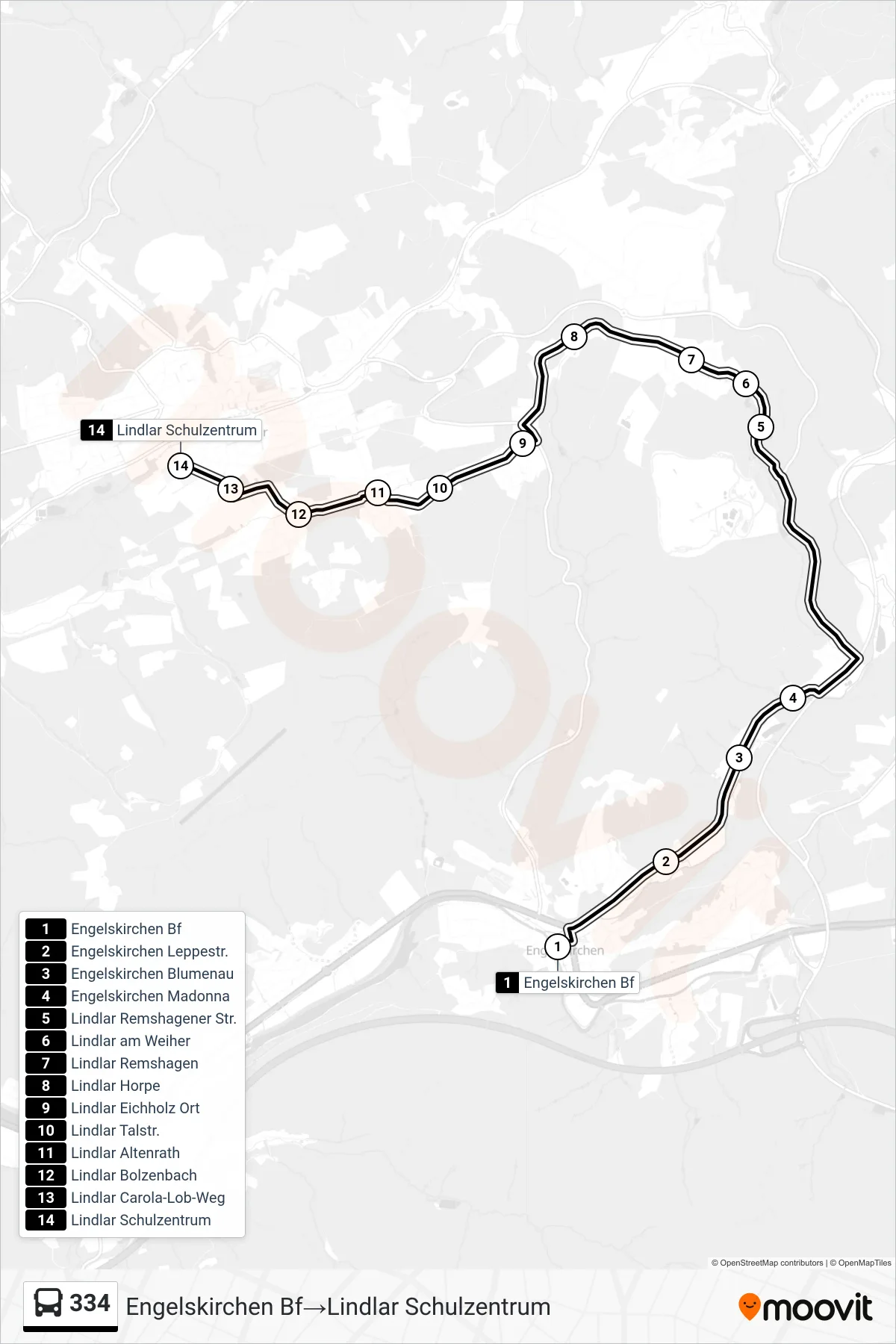 Linie 334 (Bus) Richtung Engelskirchen Bf‎→Lindlar Schulzentrum: Route und Haltestellen auf der Karte