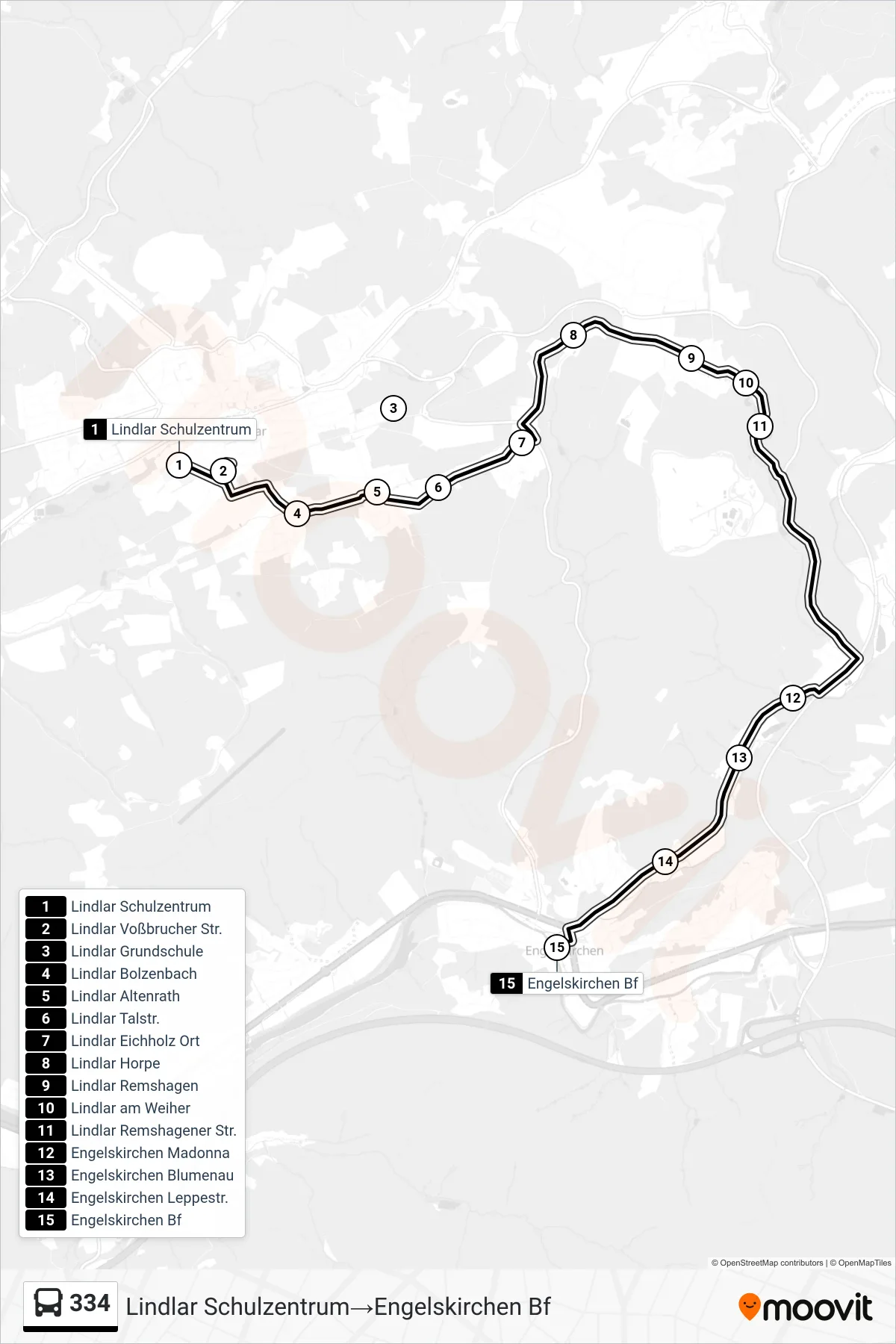 334 bus Line (Lindlar Schulzentrum‎→Engelskirchen Bf) route and stops on a map