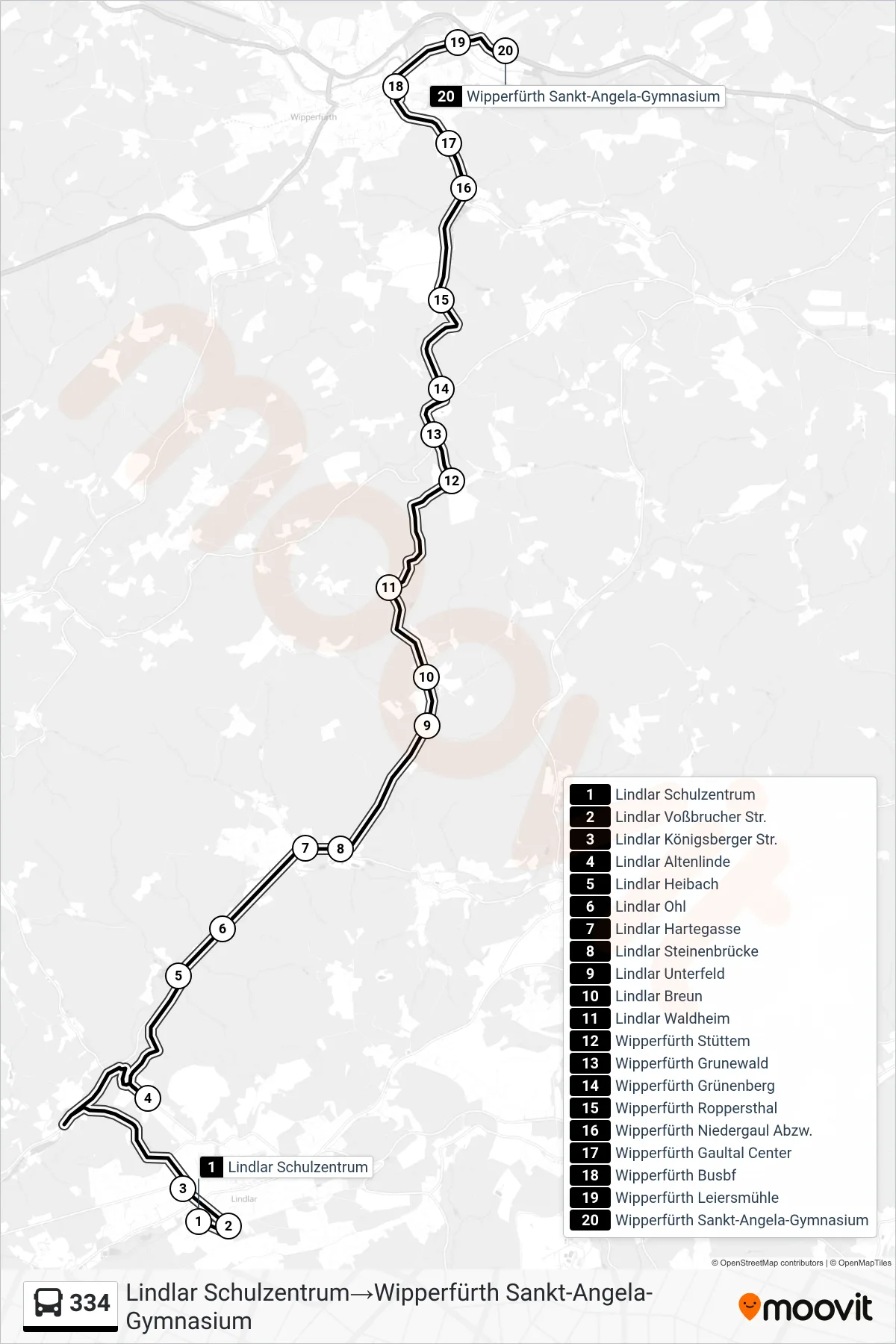 334 bus Line (Lindlar Schulzentrum→Wipperfürth Sankt-Angela-Gymnasium) route and stops on a map