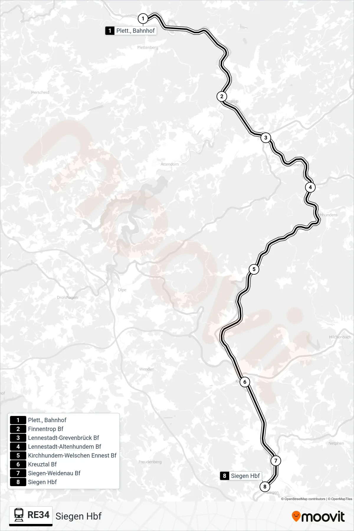 Linie RE34 (Bahn) Richtung Siegen Hbf: Route und Haltestellen auf der Karte