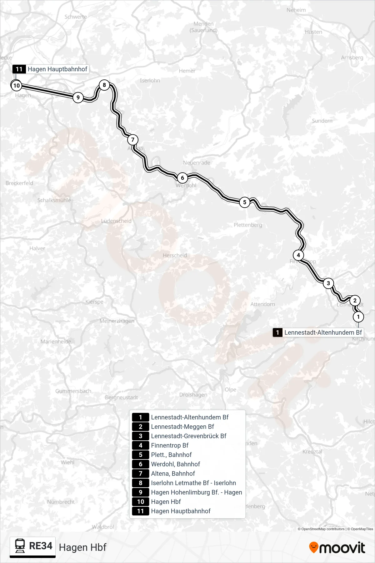 RE34 train Line (Hagen Hbf) route and stops on a map