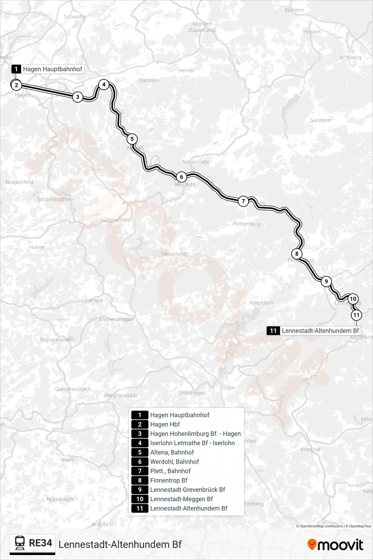 RE34 train Line (Lennestadt-Altenhundem Bf) route and stops on a map