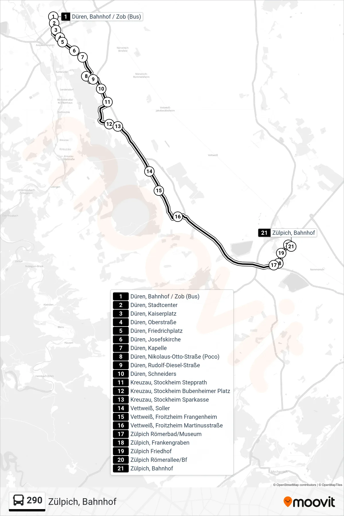 Linie 290 (Bus) Richtung Zülpich, Bahnhof: Route und Haltestellen auf der Karte