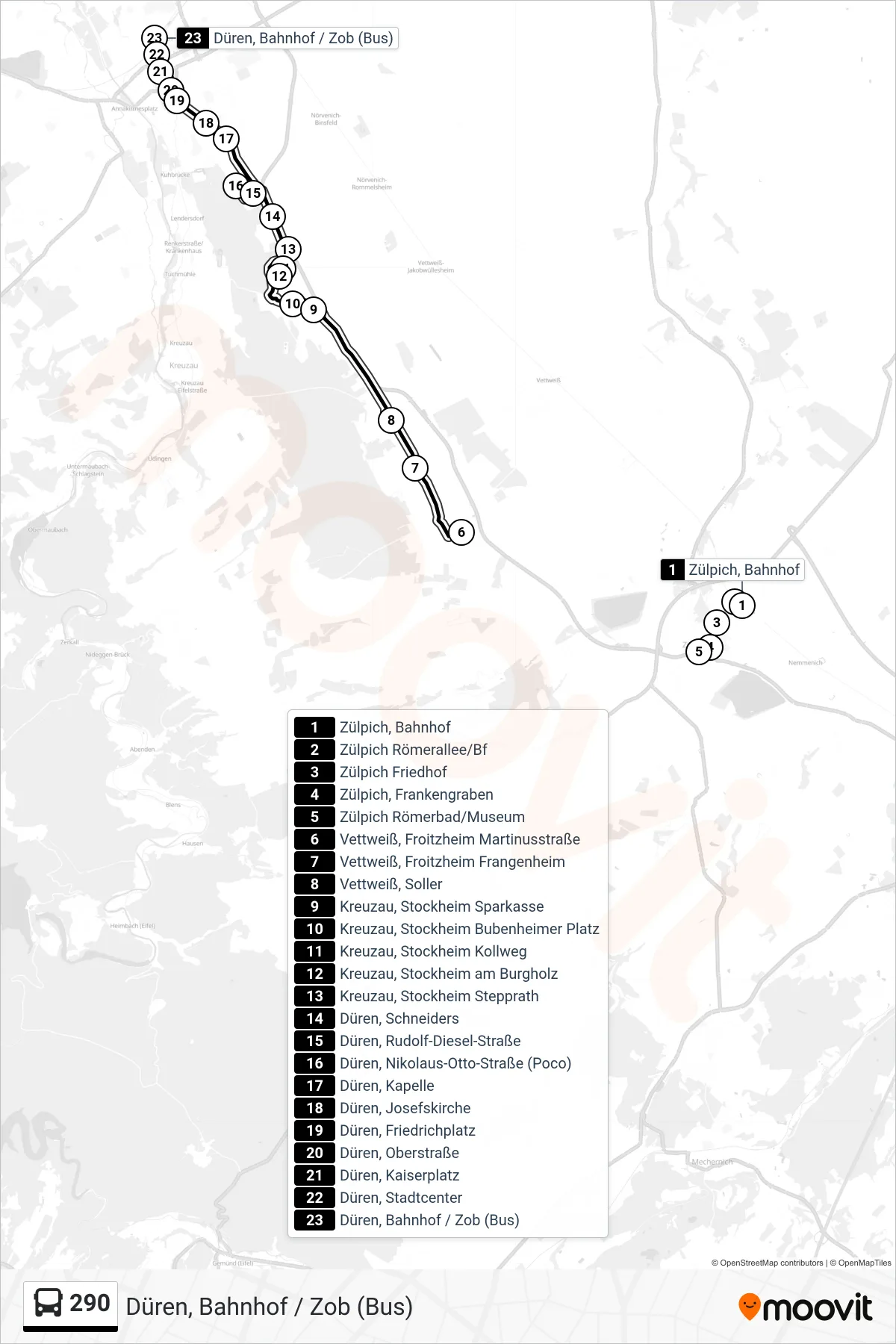 Linie 290 (Bus) Richtung Düren, Bahnhof / Zob (Bus): Route und Haltestellen auf der Karte