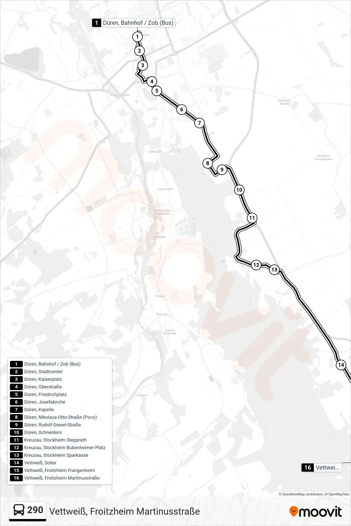 Linie 290 (Bus) Richtung Vettweiß, Froitzheim Martinusstraße: Route und Haltestellen auf der Karte