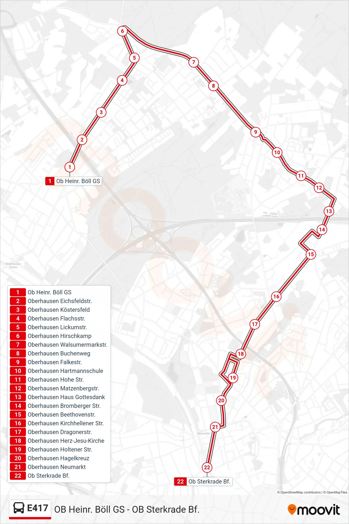 Linie E417 (Bus) Richtung Ob Sterkrade Bf.: Route und Haltestellen auf der Karte