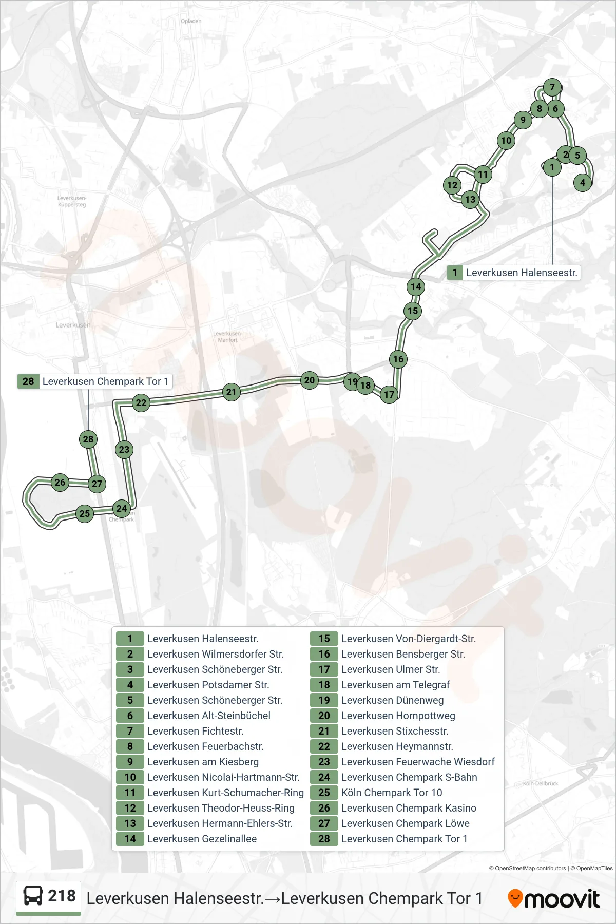 Linie 218 (Bus) Richtung Leverkusen Halenseestr.→Leverkusen Chempark Tor 1: Route und Haltestellen auf der Karte