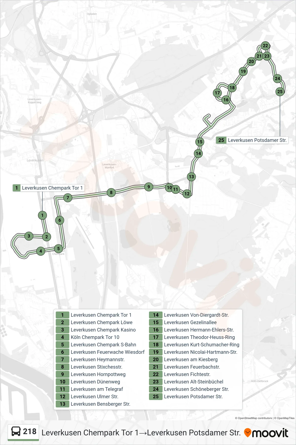 Linie 218 (Bus) Richtung Leverkusen Chempark Tor 1‎→Leverkusen Potsdamer Str.: Route und Haltestellen auf der Karte