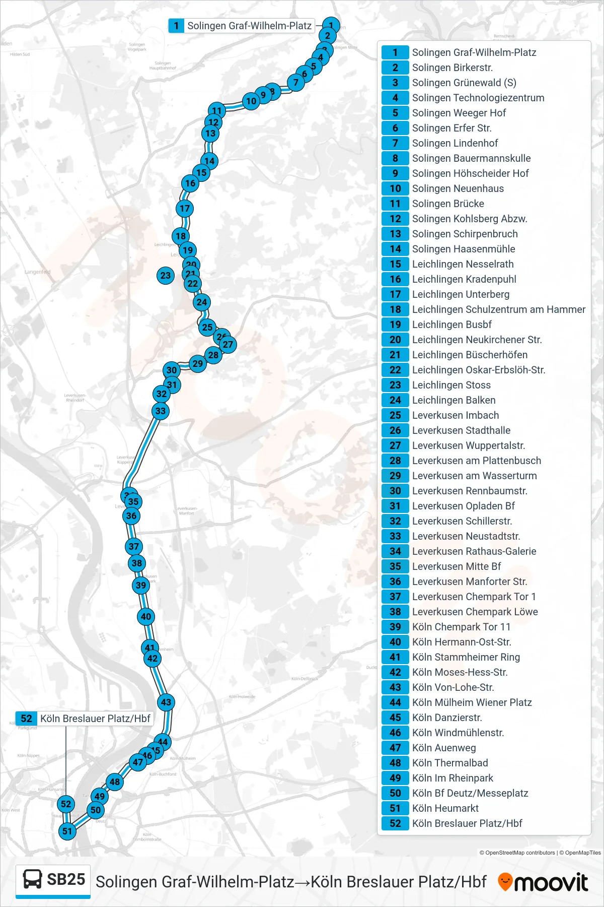 SB25 bus Line (Solingen Graf-Wilhelm-Platz→Köln Breslauer Platz/Hbf) route and stops on a map