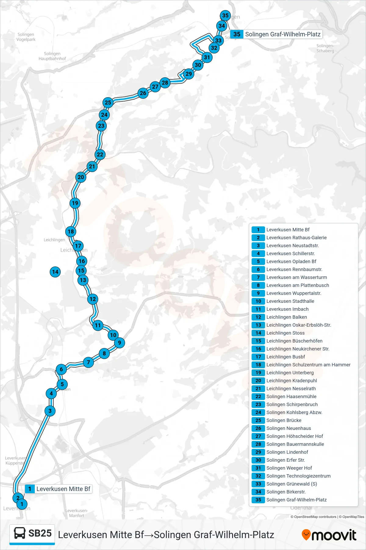 SB25 bus Line (Leverkusen Mitte Bf→Solingen Graf-Wilhelm-Platz) route and stops on a map