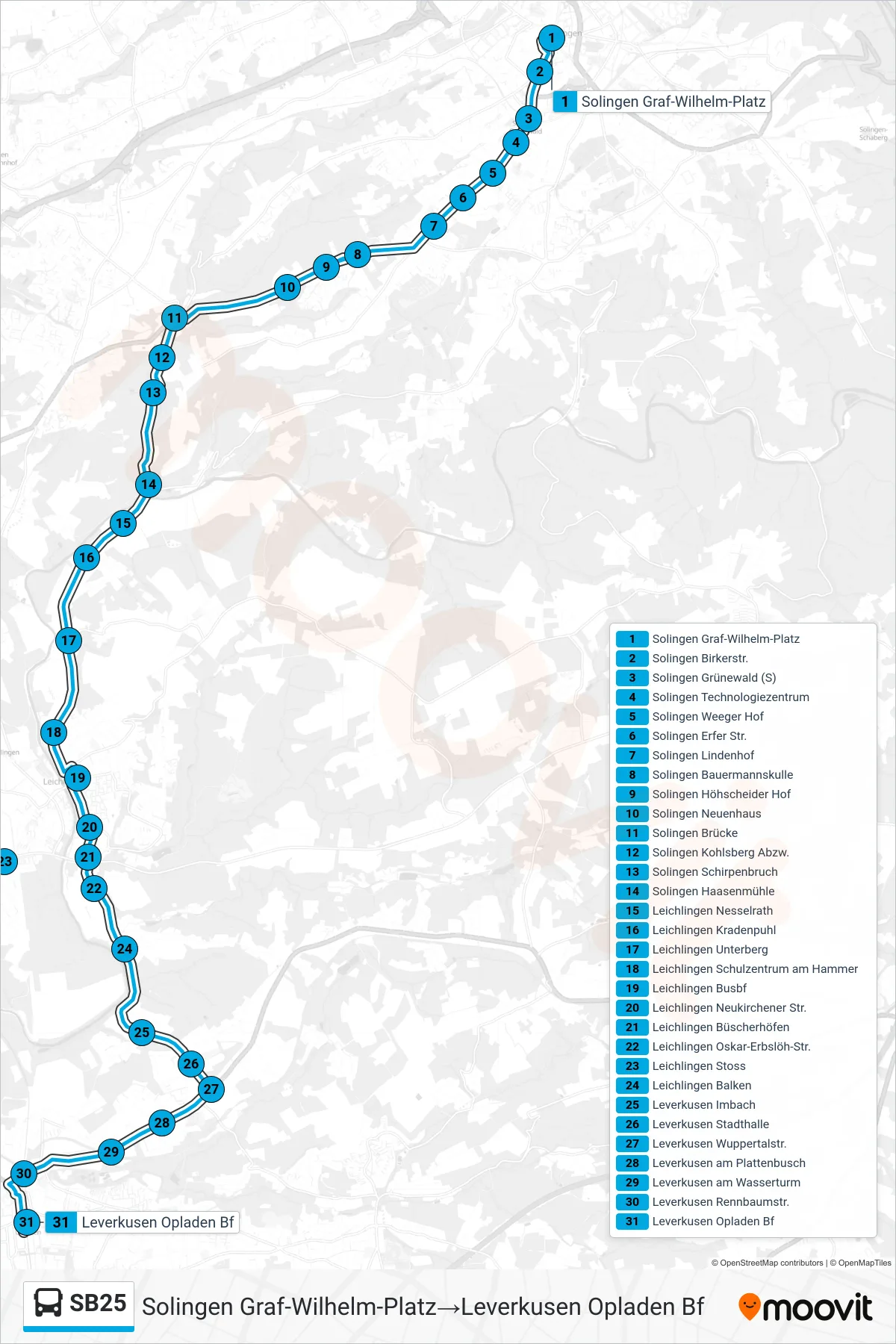 SB25 bus Line (Solingen Graf-Wilhelm-Platz→Leverkusen Opladen Bf) route and stops on a map