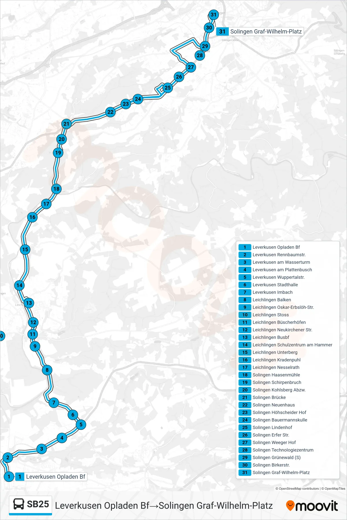 SB25 bus Line (Leverkusen Opladen Bf→Solingen Graf-Wilhelm-Platz) route and stops on a map