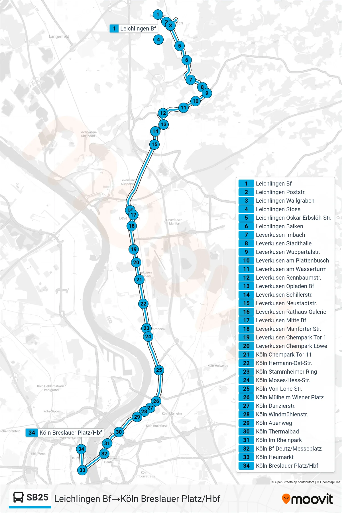 Linie SB25 (Bus) Richtung Leichlingen Bf→Köln Breslauer Platz/Hbf: Route und Haltestellen auf der Karte