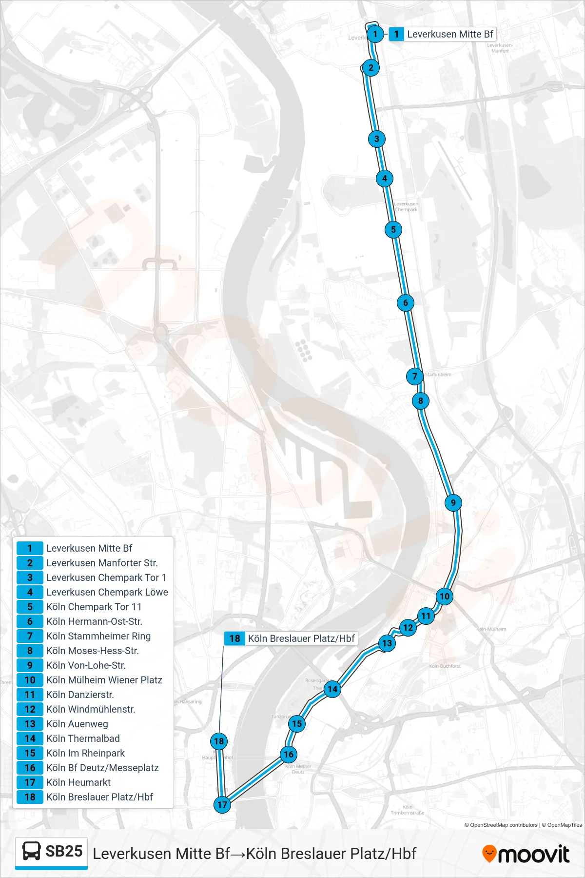 Linie SB25 (Bus) Richtung Leverkusen Mitte Bf‎→Köln Breslauer Platz/Hbf: Route und Haltestellen auf der Karte