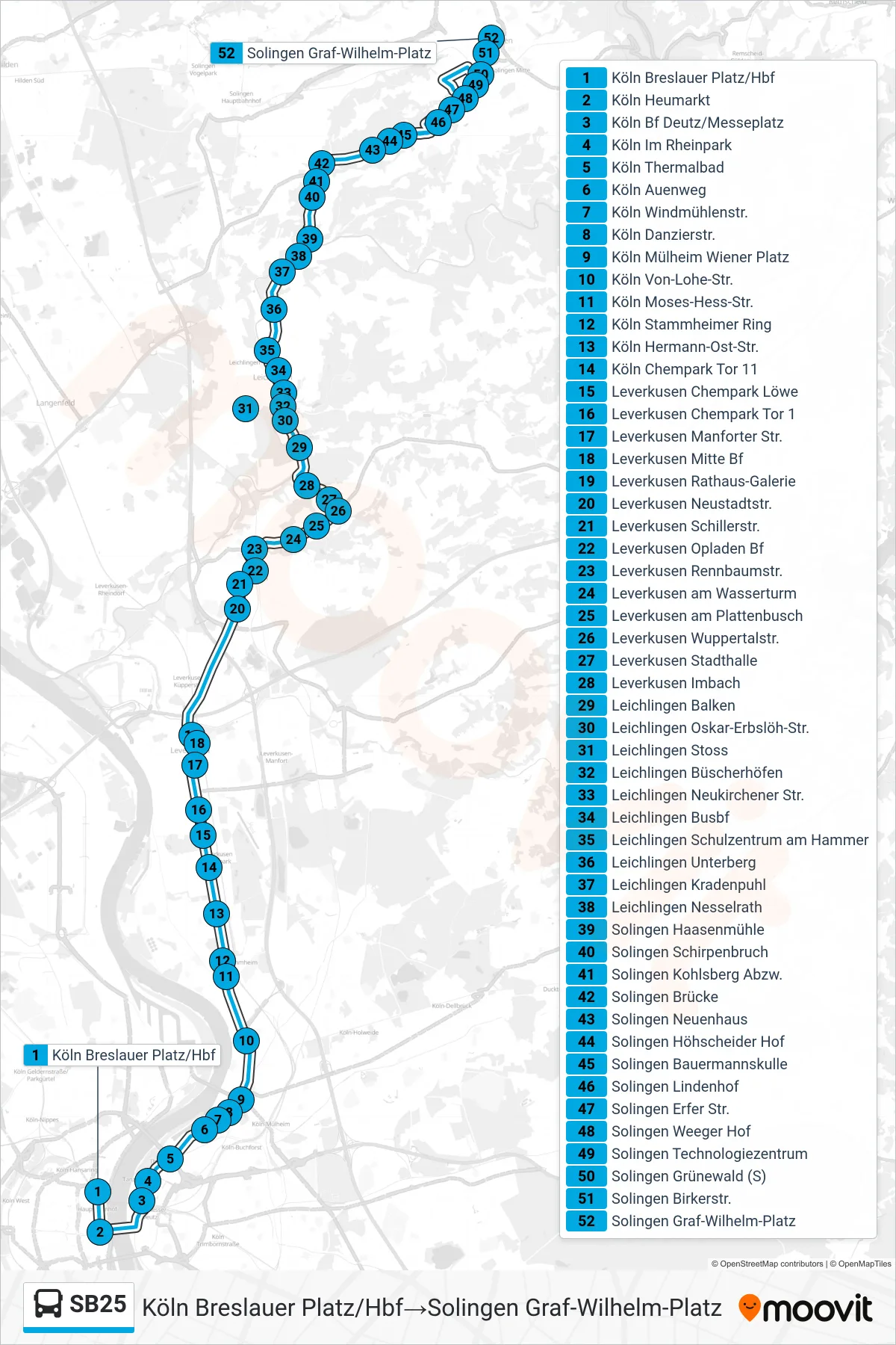 SB25 bus Line (Köln Breslauer Platz/Hbf→Solingen Graf-Wilhelm-Platz) route and stops on a map