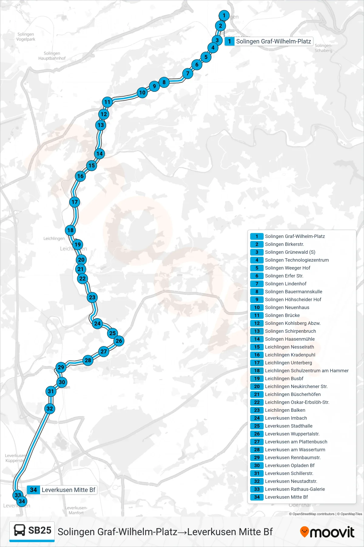 SB25 bus Line (Solingen Graf-Wilhelm-Platz→Leverkusen Mitte Bf) route and stops on a map