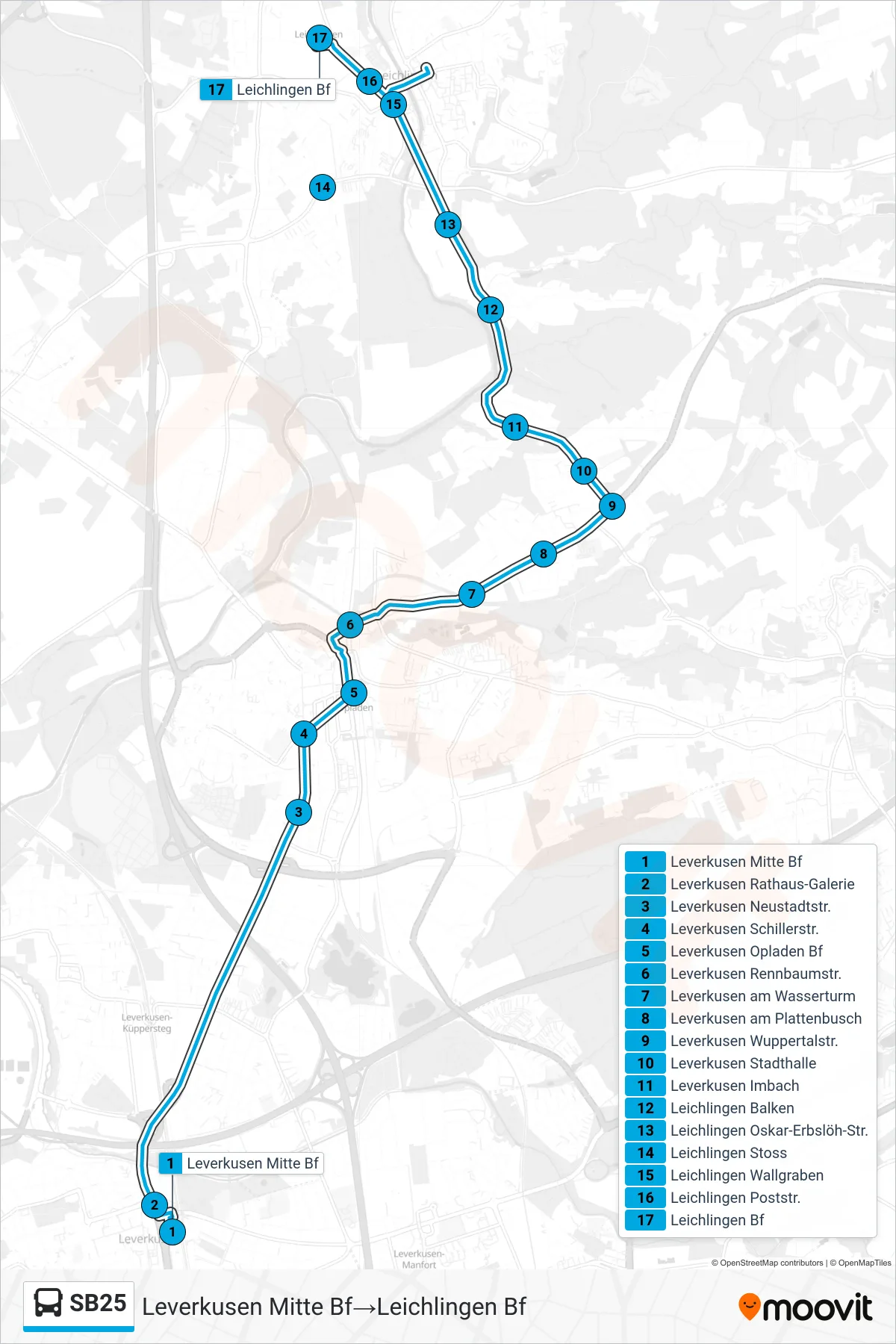 Linie SB25 (Bus) Richtung Leverkusen Mitte Bf→Leichlingen Bf: Route und Haltestellen auf der Karte