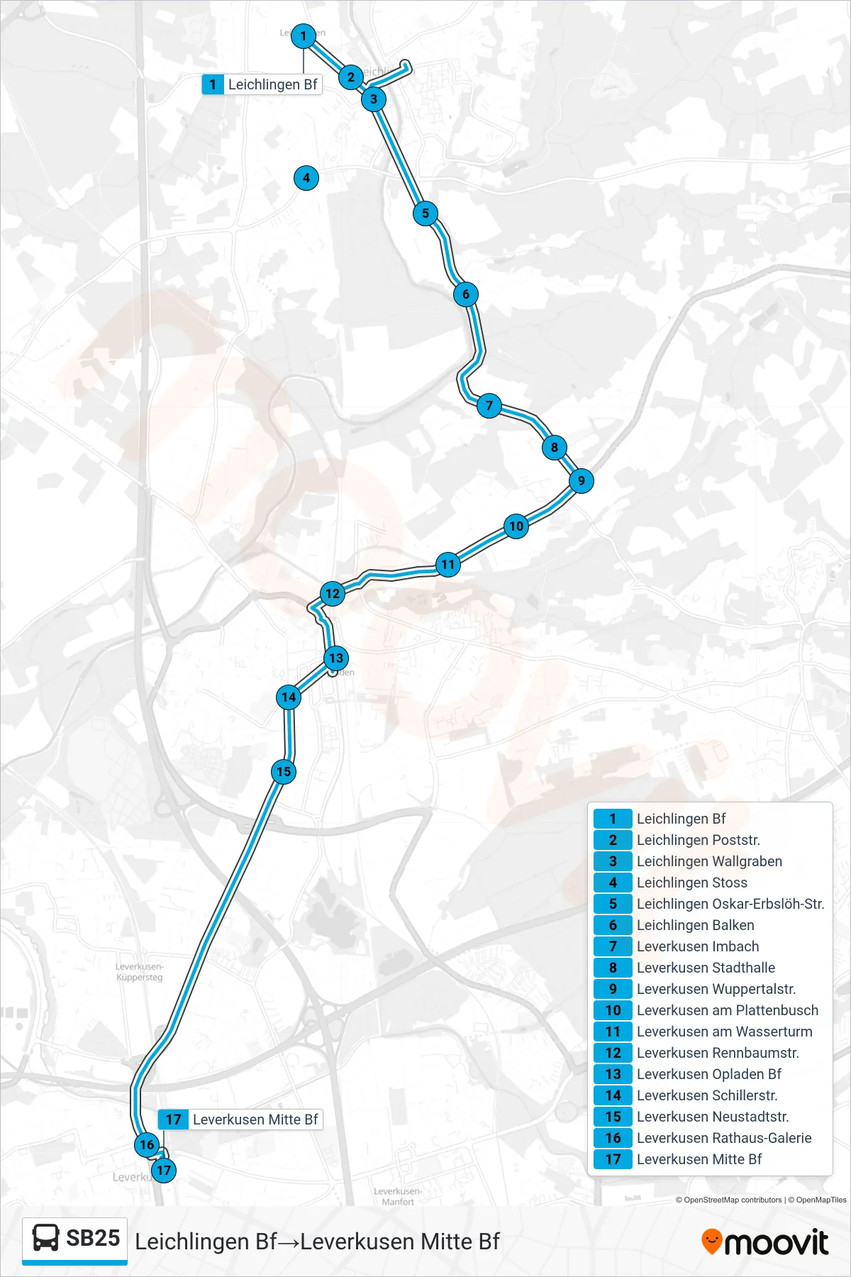 Linie SB25 (Bus) Richtung Leichlingen Bf→Leverkusen Mitte Bf: Route und Haltestellen auf der Karte