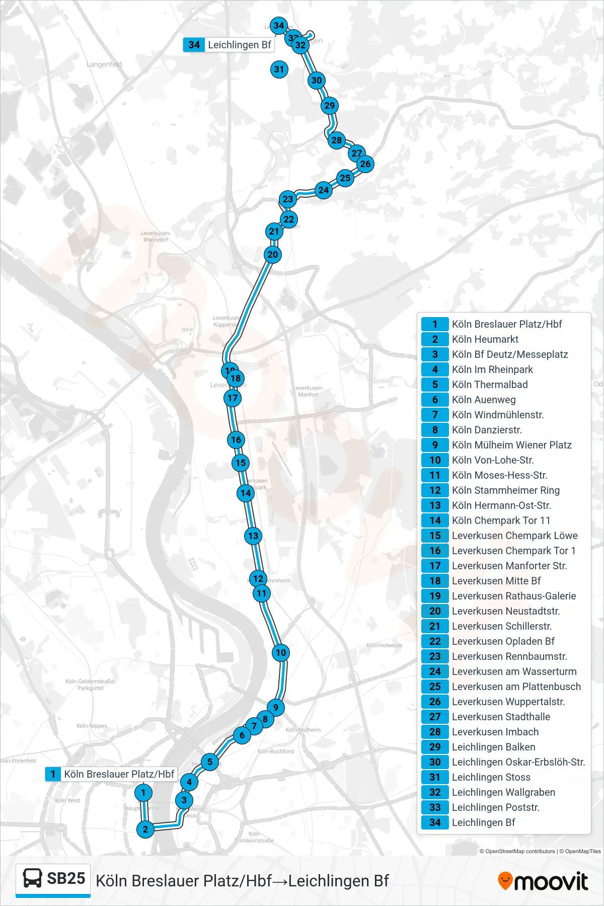 Linie SB25 (Bus) Richtung Köln Breslauer Platz/Hbf→Leichlingen Bf: Route und Haltestellen auf der Karte