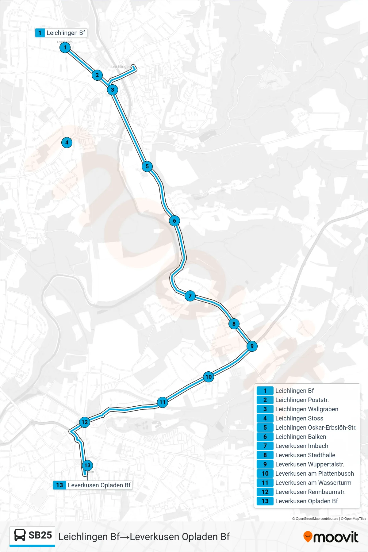Linie SB25 (Bus) Richtung Leichlingen Bf→Leverkusen Opladen Bf: Route und Haltestellen auf der Karte