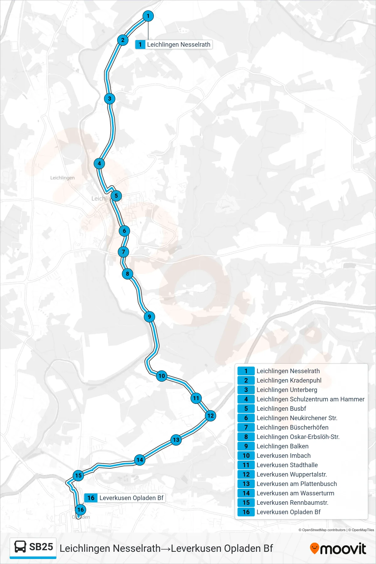 SB25 bus Line (Leichlingen Nesselrath→Leverkusen Opladen Bf) route and stops on a map