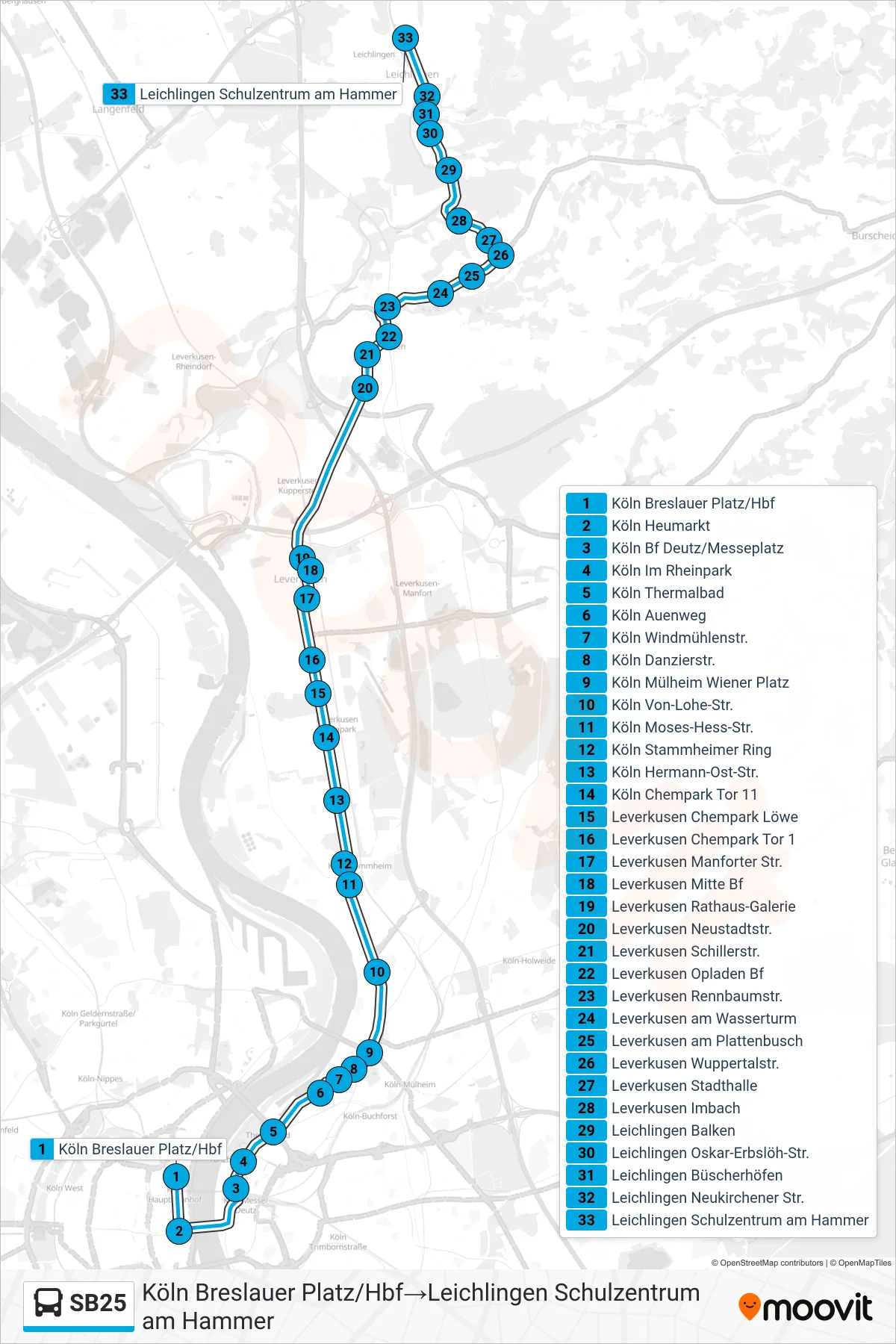 SB25 bus Line (Köln Breslauer Platz/Hbf→Leichlingen Schulzentrum am Hammer) route and stops on a map