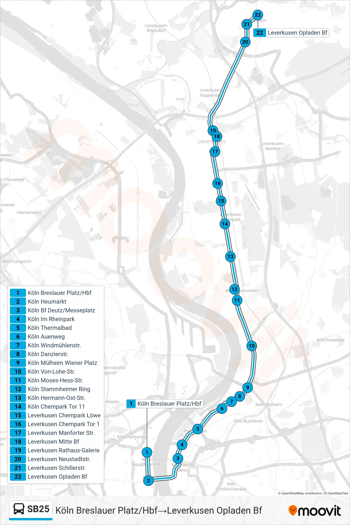 SB25 bus Line (Köln Breslauer Platz/Hbf→Leverkusen Opladen Bf) route and stops on a map