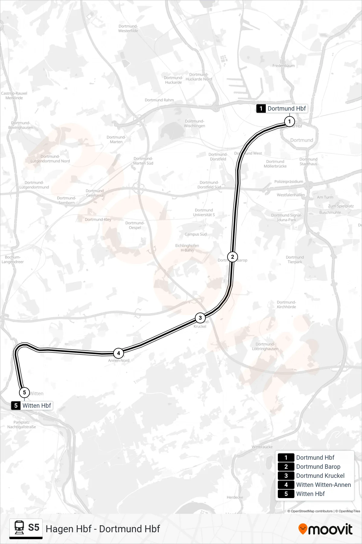 Linie S5 (Bahn) Richtung Witten Hbf: Route und Haltestellen auf der Karte
