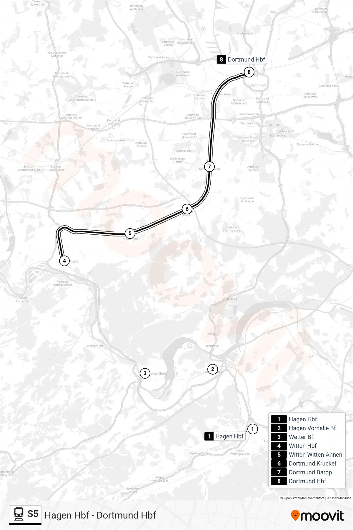 Linie S5 (Bahn) Richtung Dortmund Hbf: Route und Haltestellen auf der Karte