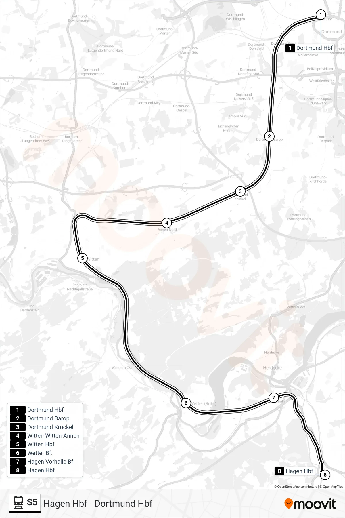 Linie S5 (Bahn) Richtung Hagen Hbf: Route und Haltestellen auf der Karte