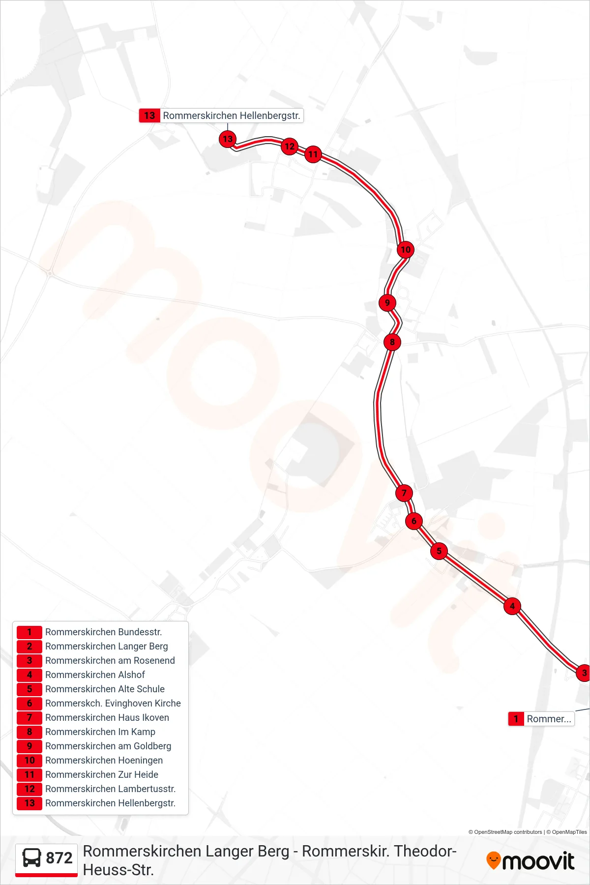 872 bus Line (Rommerskirchen Hellenbergstr.) route and stops on a map