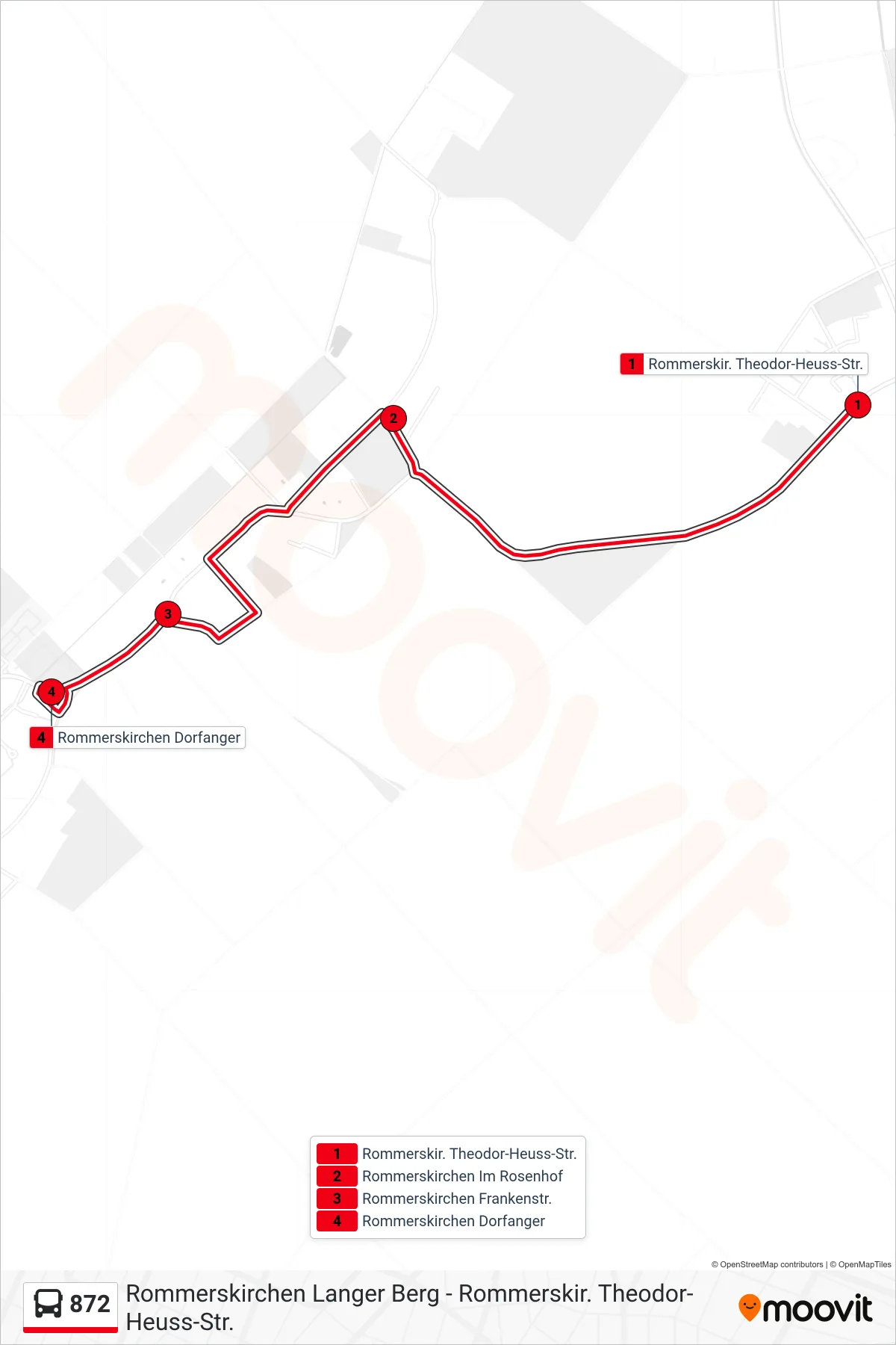 872 bus Line (Rommerskirchen Dorfanger) route and stops on a map