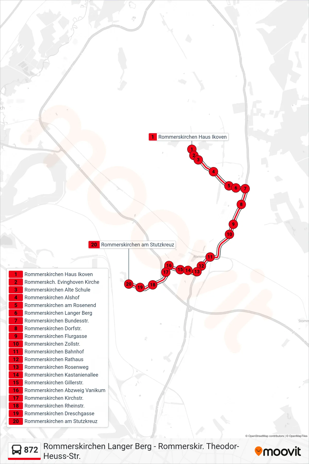 872 bus Line (Rommerskirchen am Stutzkreuz) route and stops on a map