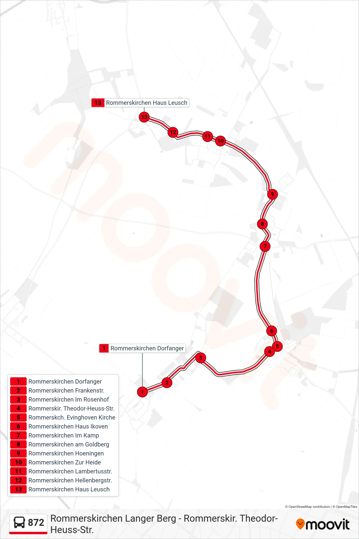 Linie 872 (Bus) Richtung Rommerskirchen Haus Leusch: Route und Haltestellen auf der Karte