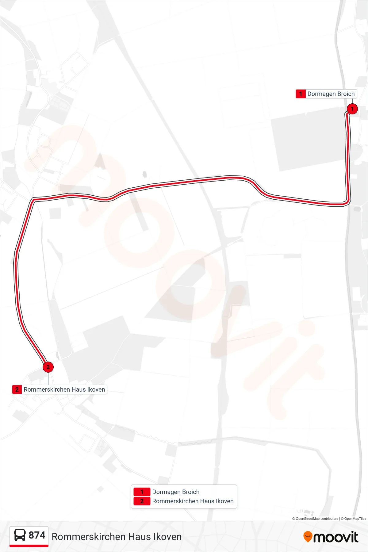 874 bus Line (Rommerskirchen Haus Ikoven) route and stops on a map