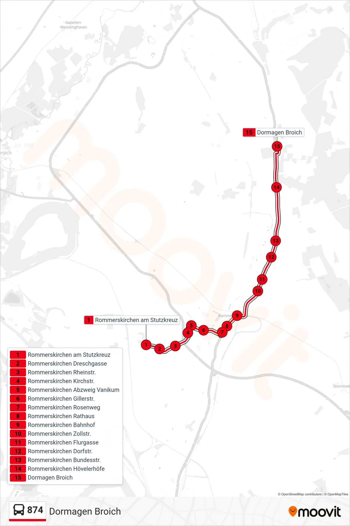 Linie 874 (Bus) Richtung Dormagen Broich: Route und Haltestellen auf der Karte