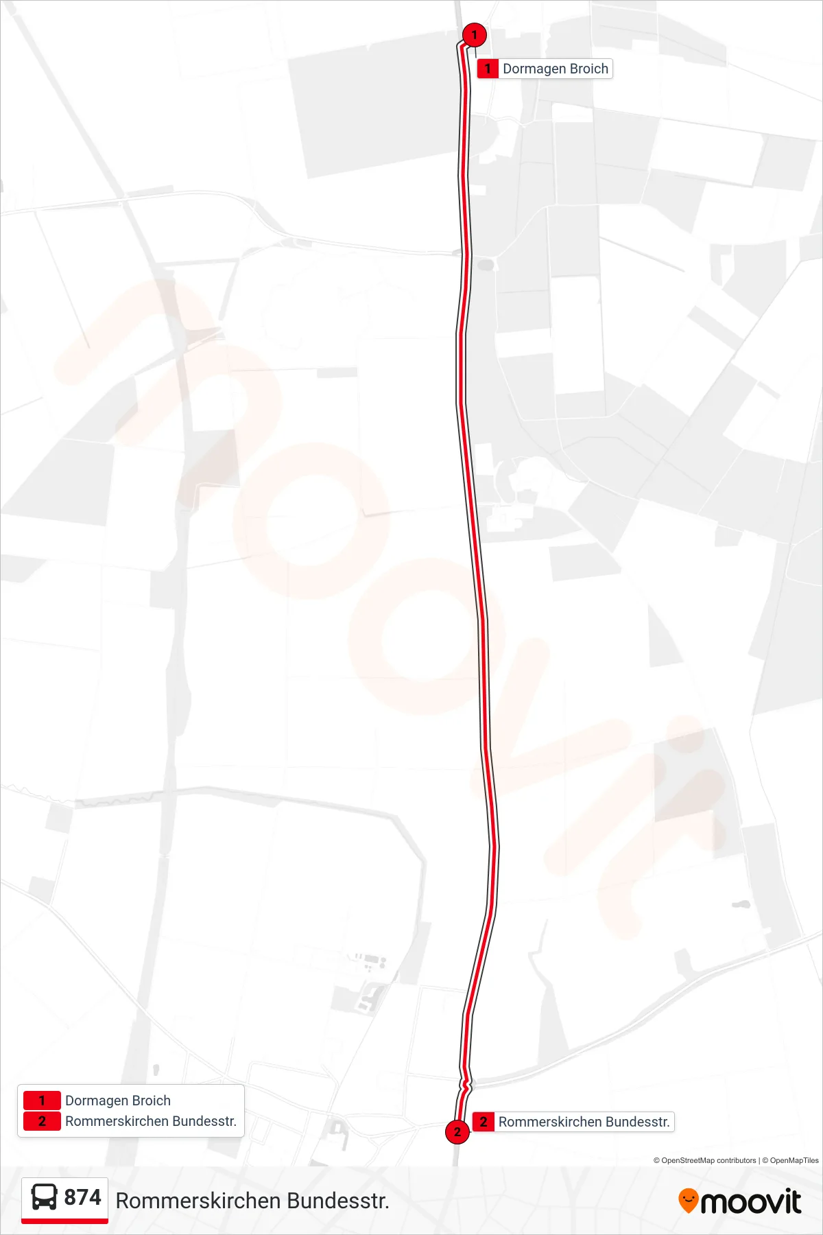 Linie 874 (Bus) Richtung Rommerskirchen Bundesstr.: Route und Haltestellen auf der Karte