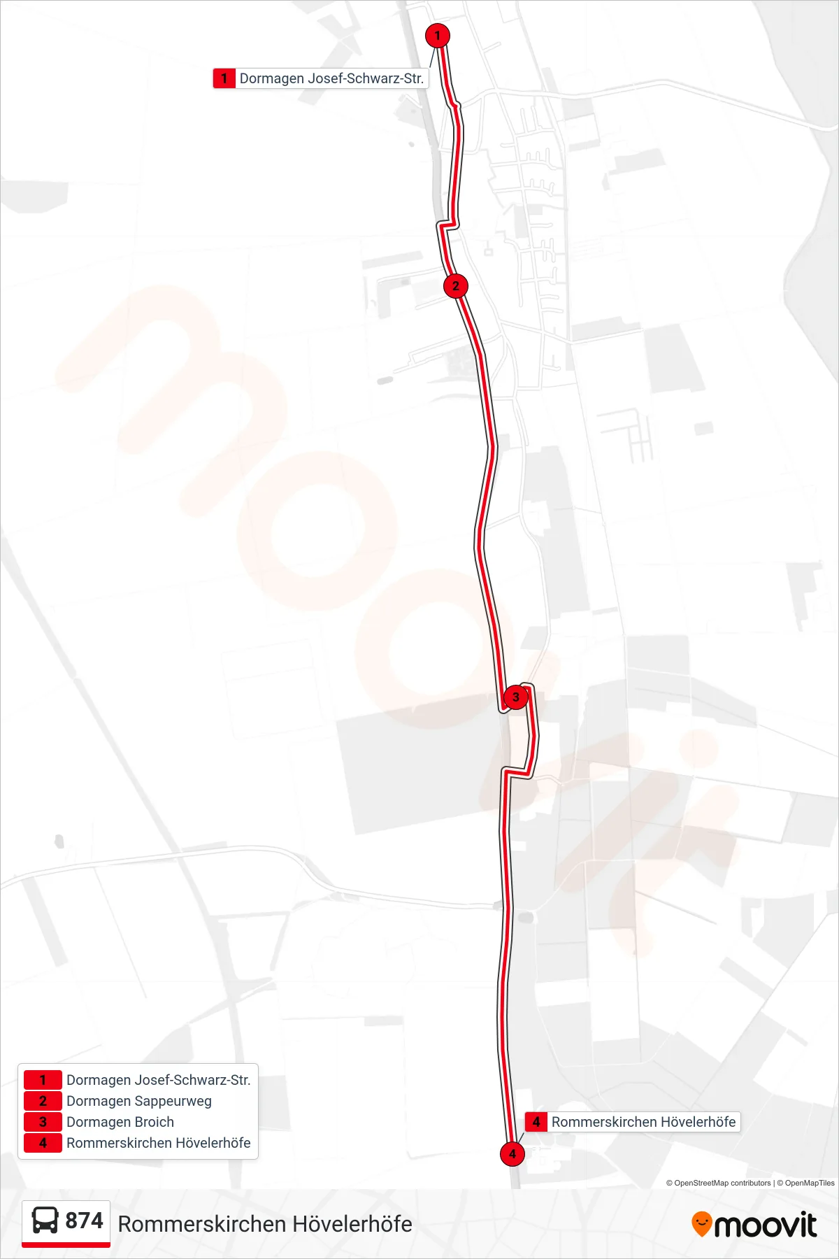 Linie 874 (Bus) Richtung Rommerskirchen Hövelerhöfe: Route und Haltestellen auf der Karte
