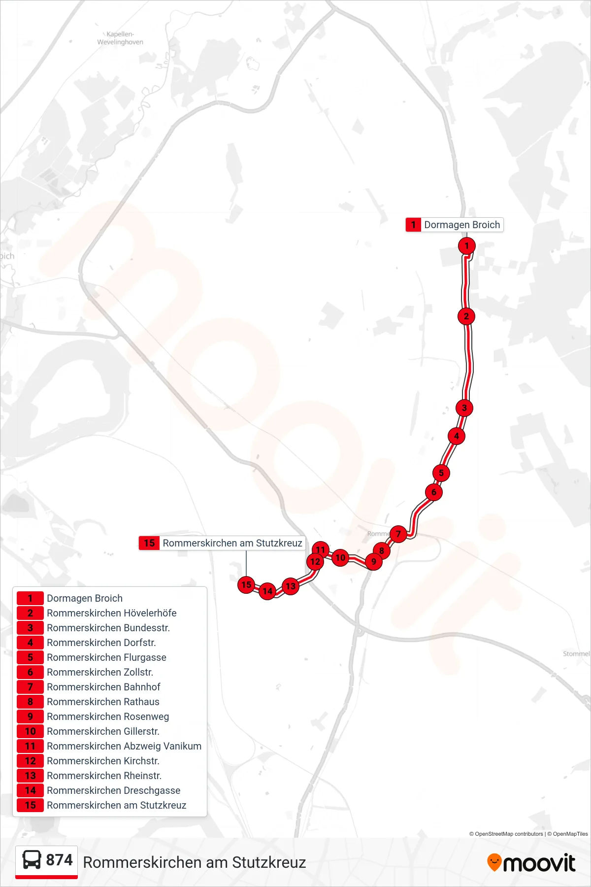 874 bus Line (Rommerskirchen am Stutzkreuz) route and stops on a map