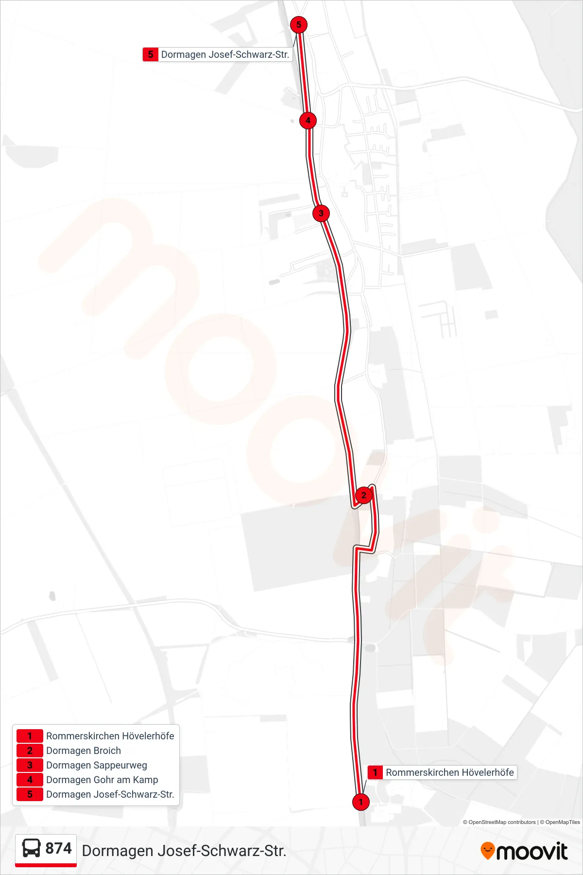 874 bus Line (Dormagen Josef-Schwarz-Str.) route and stops on a map