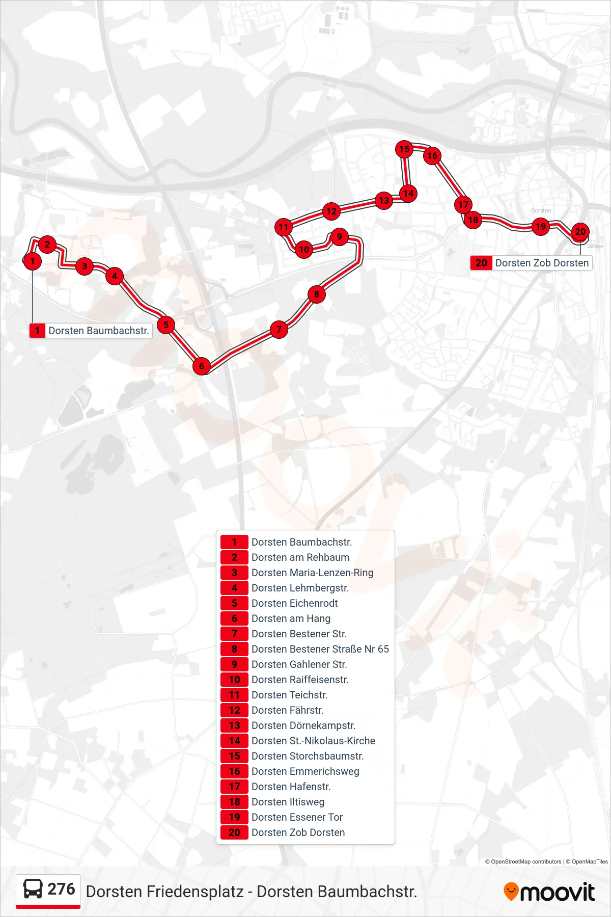 Linie 276 (Bus) Richtung Dorsten Zob Dorsten: Route und Haltestellen auf der Karte