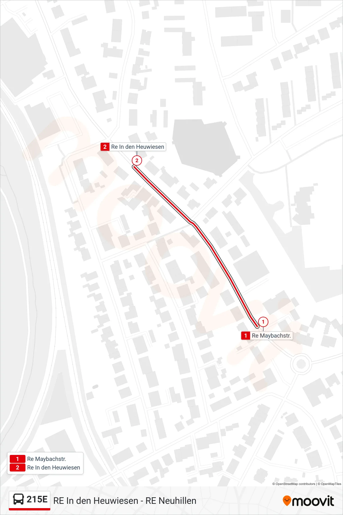 Linie 215E (Bus) Richtung Re In den Heuwiesen: Route und Haltestellen auf der Karte