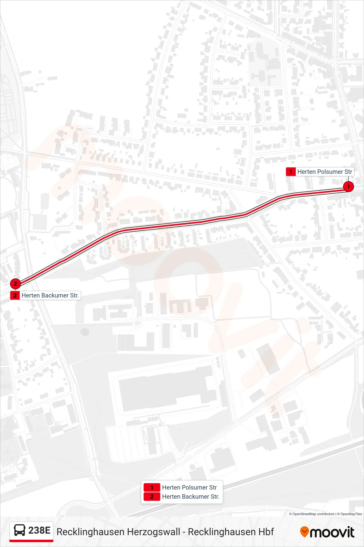 238E bus Line (Herten Backumer Str.) route and stops on a map