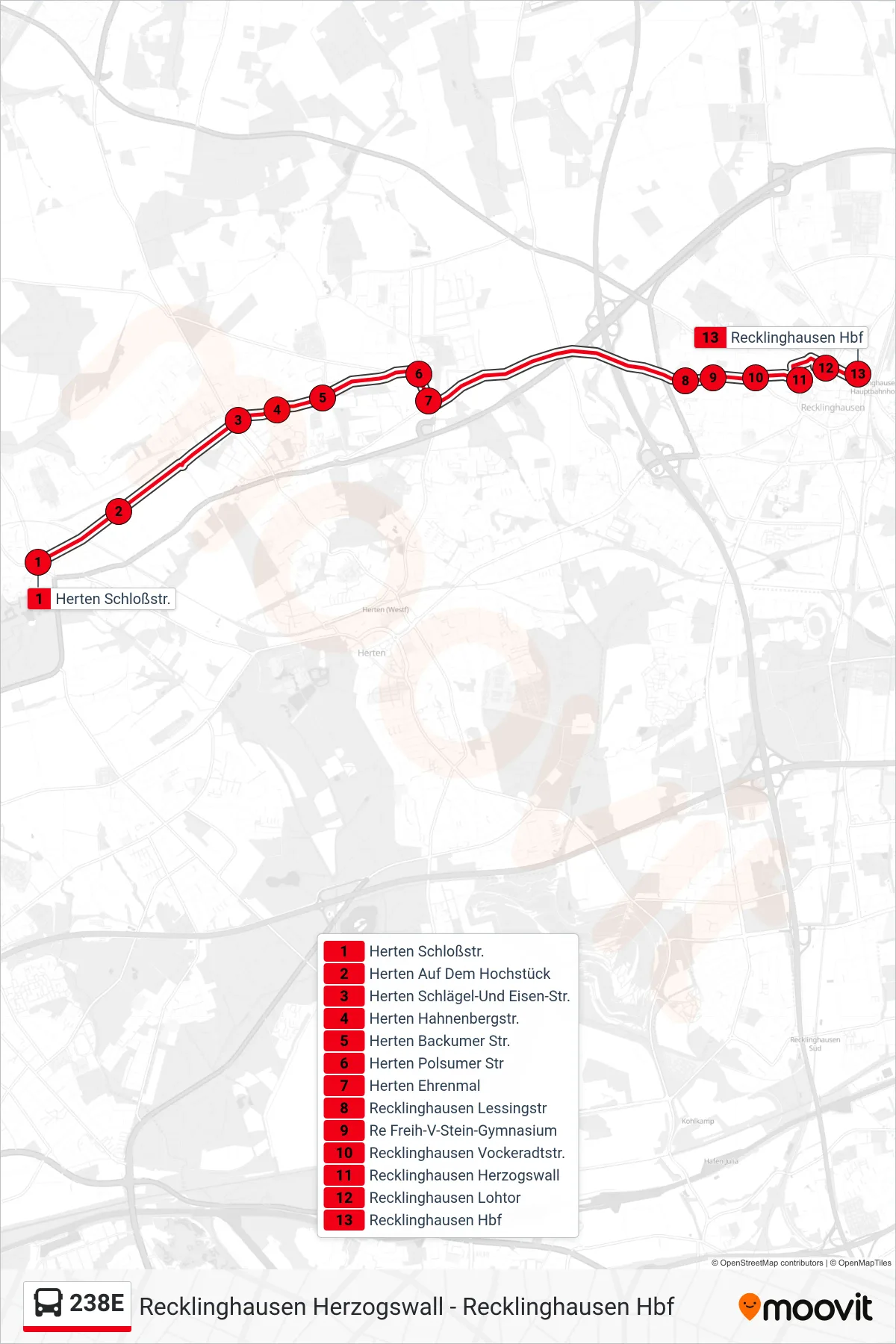238E bus Line (Recklinghausen Hbf) route and stops on a map
