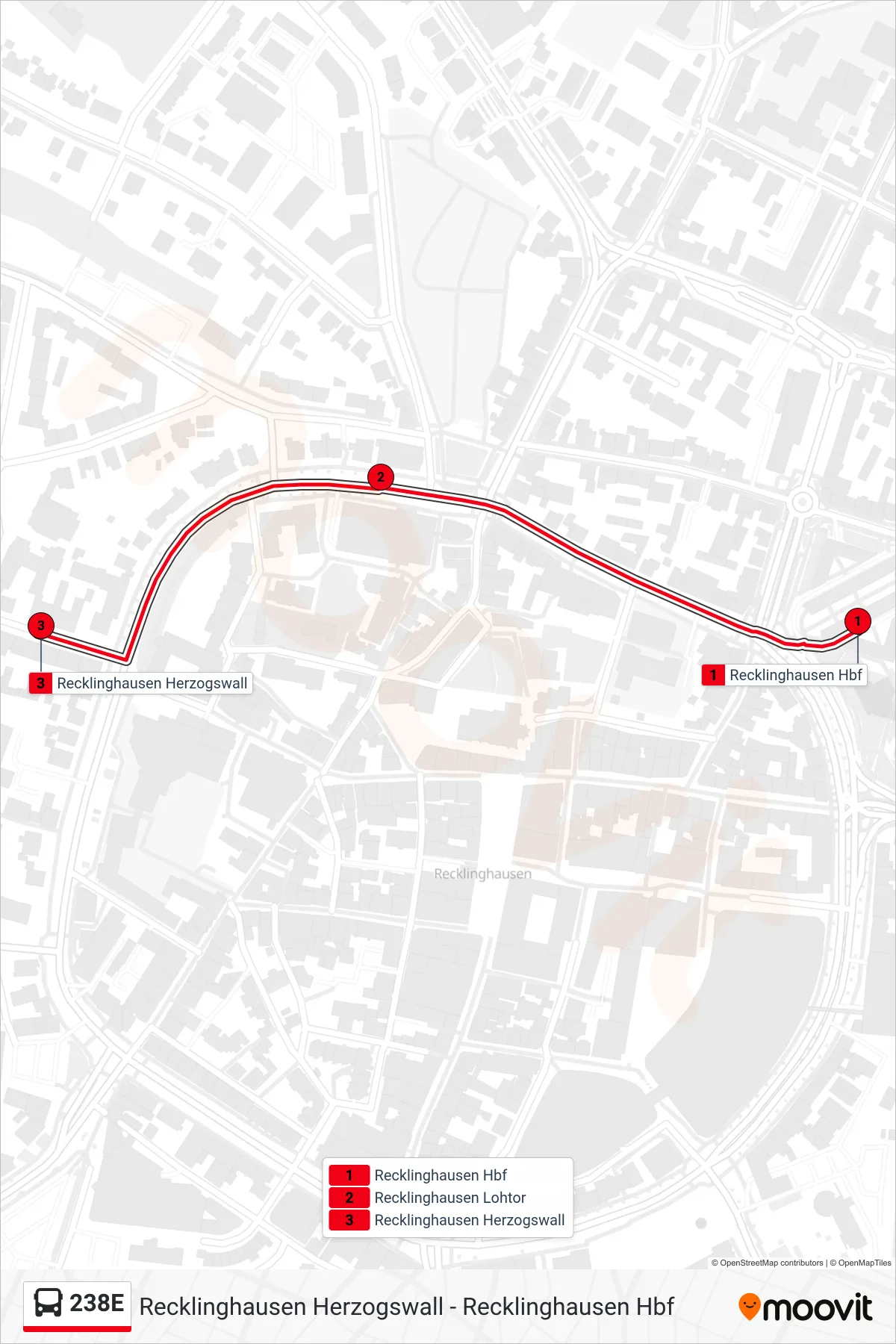 238E bus Line (Recklinghausen Herzogswall) route and stops on a map