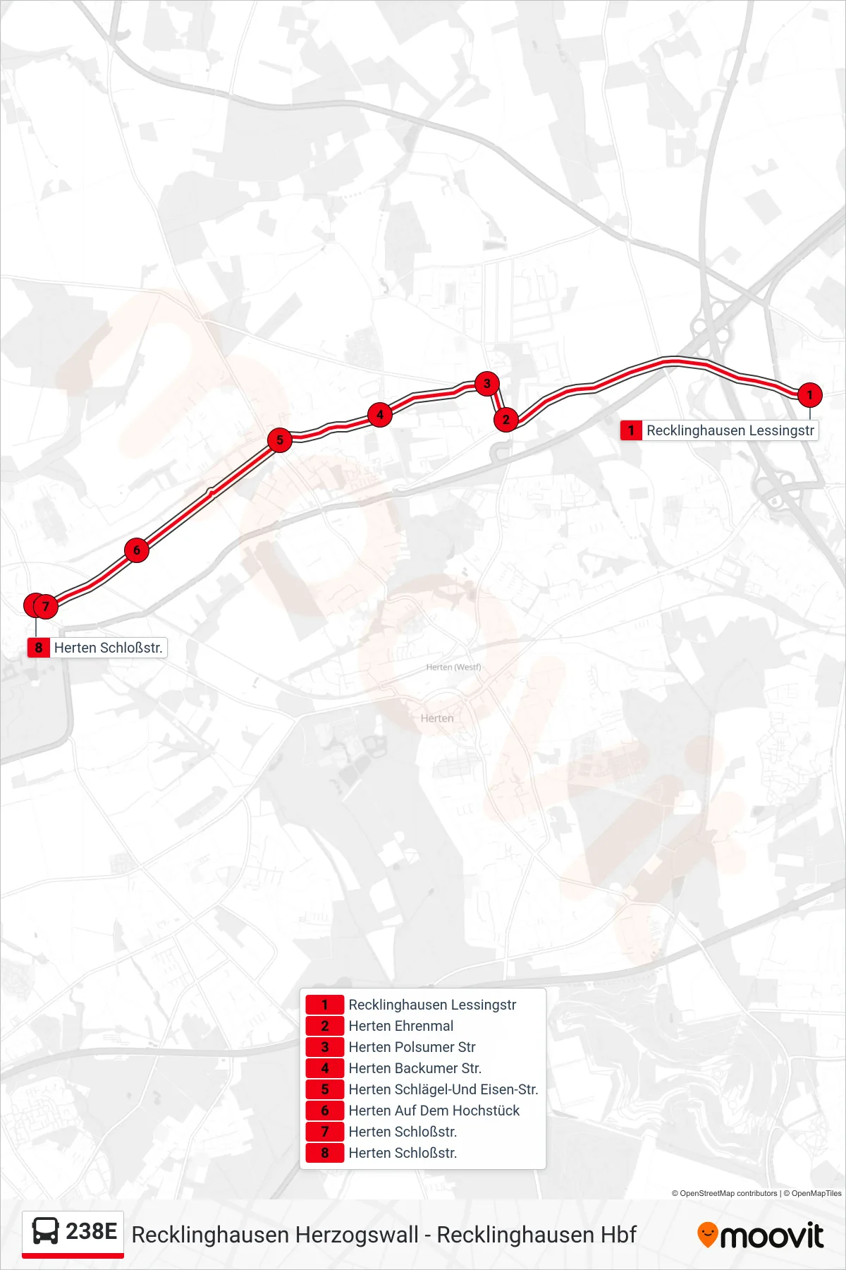 Linie 238E (Bus) Richtung Herten Schloßstr.: Route und Haltestellen auf der Karte