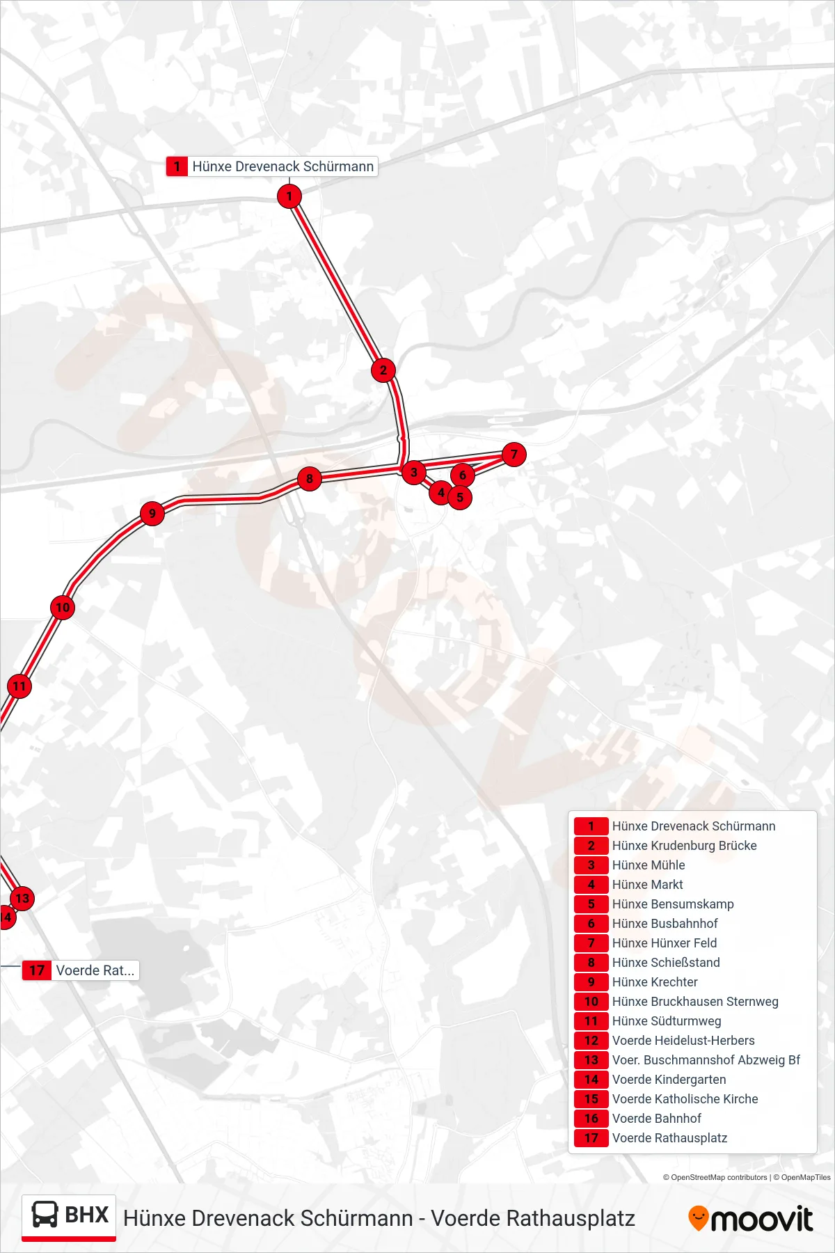 Linie BHX (Bus) Richtung Voerde Rathausplatz: Route und Haltestellen auf der Karte